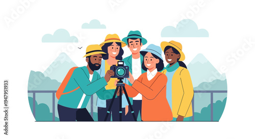 Diverse group of friends taking a selfie with a camera on a tripod, enjoying a scenic view