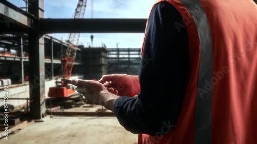 Industrial Construction Environment With Supervisor Operating Tablet For Planning And Safety Monitoring Tasks