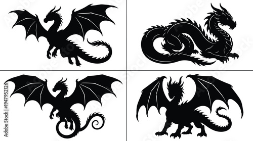 Dragon silhouette set featuring flying and coiled mythical creatures, black and white fantasy monster vector collection, medieval beast mascot illustration.