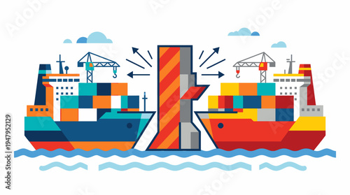 Tariffs Hindering International Trade Depicted with Cargo Ships and a Restrictive Barrier