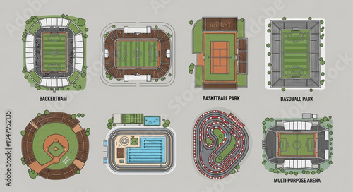 Overhead Views of Various Sports Arenas and Fields.