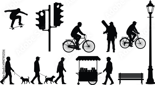 Urban city life silhouettes set with people walking dogs riding bicycles skateboarding traffic lights street lamp park bench and food cart