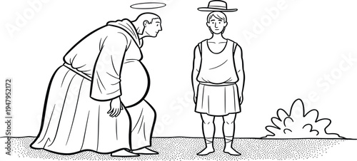 Minimalist Line Art Illustration of Robed Figure with Halo Meeting Man in Tunic and Hat for Storytelling and Educational Design