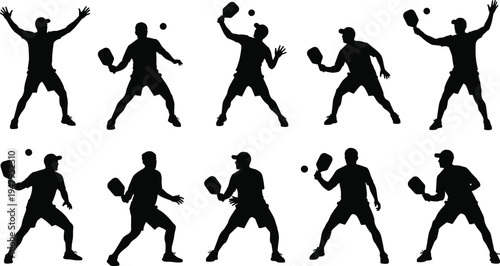 Pickleball player silhouettes set with men athletes holding paddles and hitting balls in various action poses isolated on white background