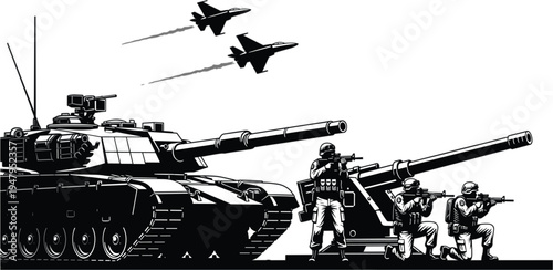 Modern Military Combat Silhouette Featuring Battle Tank Fighter Jets Artillery and Tactical Soldiers for Defense and Armed Forces Design
