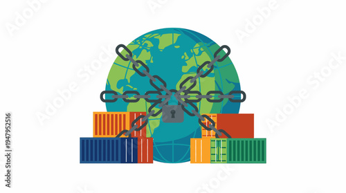 Tariffs Impacting Global Trade Symbolized by Chained Earth and Shipping Containers Locked Down