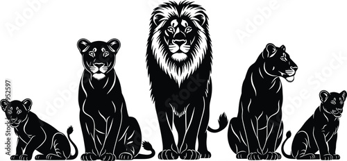 Black silhouettes of lion family including male lion lioness and cubs sitting together in a row on white background isolated