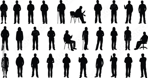 Large collection of black silhouettes of people standing and sitting in various poses isolated on a white background for design