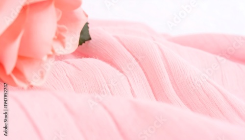 Soft focus image of a light coral-colored rose partially resting on delicate, pleated fabric, creating a serene and pastel aesthetic