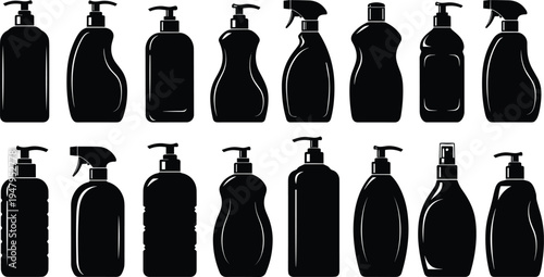 Black silhouettes of plastic bottle containers for soap shampoo cleaning spray and cosmetic products isolated set on white background vector