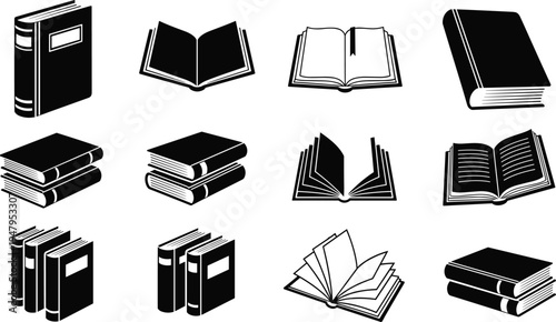 Black book silhouettes set with open and closed textbooks literature stacks encyclopedias and reading material icons isolated on white background