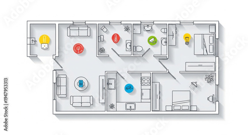 Detailed Floor Plan Illustration with Colorful Highlights and Furniture.