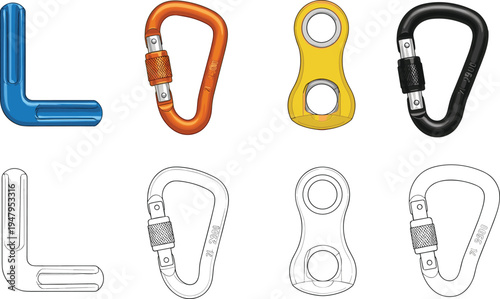 Set of colorful and line art climbing equipment including carabiners and figure eight descender isolated on white background for outdoor sports