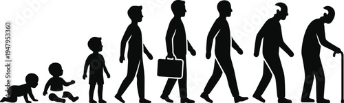 Human life cycle silhouette showing male evolution from baby to old man with walking stick isolated on white background concept.