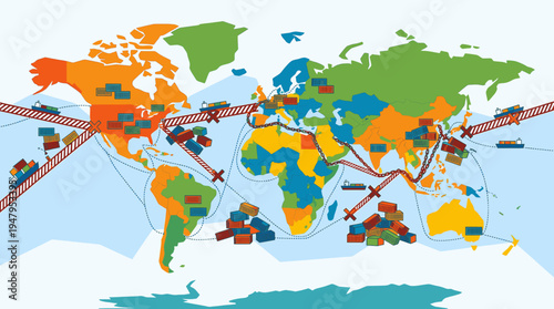 Vector illustration of global trade routes map, highlighting complex supply chain networks and tariff implications