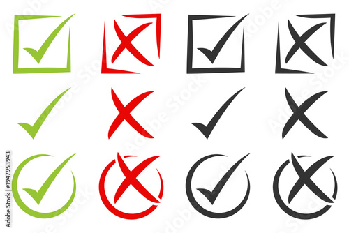 Set of approval and denial icons with check marks and cross signs in different shapes and colors