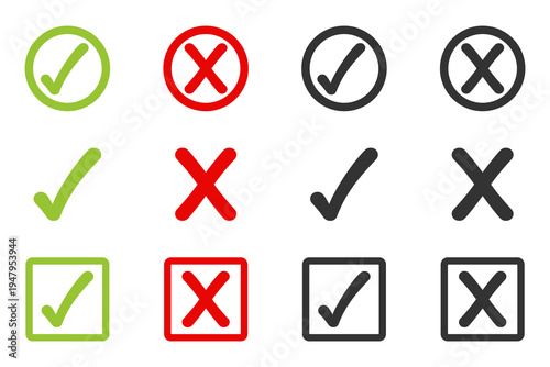 Diverse set of checkmark and cross icons in circles, plain, and square shapes for decision making