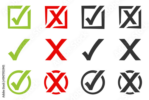 Collection of check mark and cross sign icons in various styles, including rough and clean designs