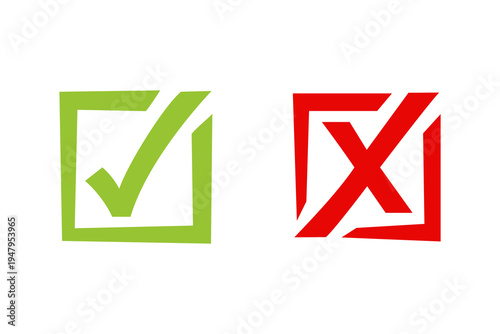 Bold green check mark in a square and red cross in a square for clear approval and rejection