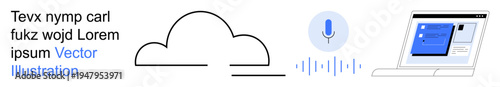 Technology integration, cloud storage, voice commands, digital tools, online workspace, remote work. Cloud illustration, microphone icon laptop screen interface. Cloud storage and voice commands