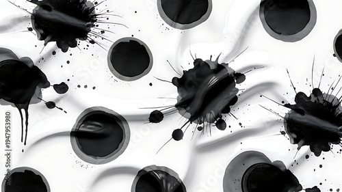 Black ink splatters and droplets on a white background with circular cutouts
