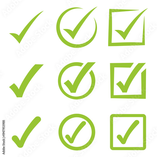 Set of Green Check Mark Icons in Different Styles for Approval and Success