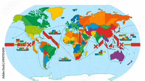 Global Trade Routes and Tariffs World Map Illustrating Shipping Containers and Crosses
