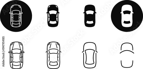 Top view car icon set, modern vehicle silhouette collection, outline and solid automobile symbols for navigation, transport apps, UI design vector pack