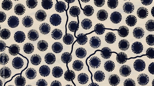 A close-up view of a beige surface with a repeating pattern of navy blue circular designs and wavy lines