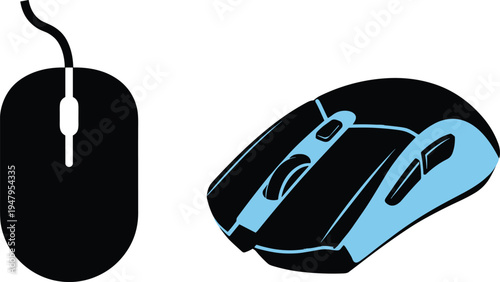 Computer mouse icon set, wired and gaming mouse silhouettes, modern technology device symbols for office work, computer accessory vector illustration