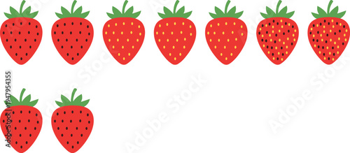 Strawberry icon set, fresh red berry fruit collection with different seed styles, flat food illustration for organic dessert design