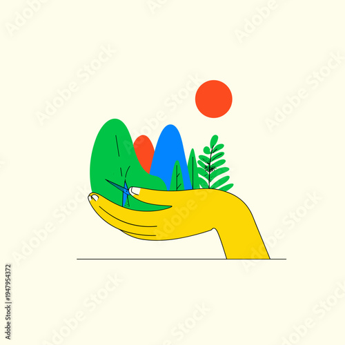 Hand Cutting Paper Mountain Collage in Minimalist Vector Style