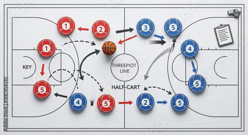 Basketball Play Diagram on Whiteboard with Player Movement Arrows.