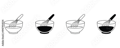 Four bowls with whisk mixing different levels of liquid