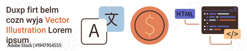 Language translation, currency exchange, programming, technology, software tools, digital marketing. Visual elements include text icons, a dollar symbol and a coding interface. Language translation