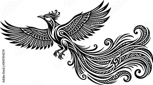 Phoenix bird flying with tribal pattern wings and long curly tail, mythical firebird illustration isolated on white background for tattoo.