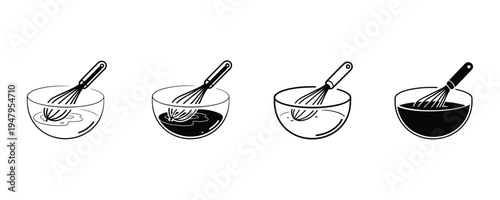 Four bowls with whisk mixing process illustration