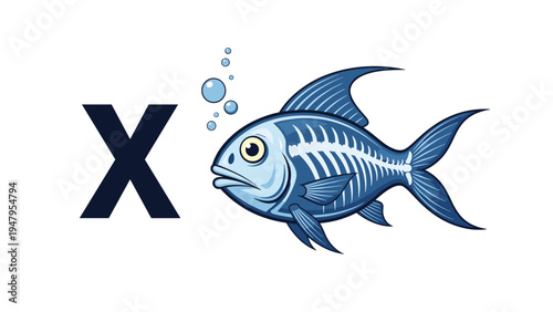 Capital letter X featuring an X-ray fish with visible skeletal structure and bubbles for alphabet education and science learning.