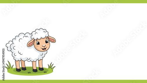 Adorable white fluffy sheep character smiling and standing on green grass against a white background for farm or animal concepts.