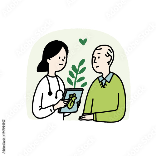 Healthcare professional explaining heart model to senior patient in clinic