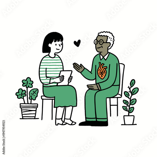 Healthcare professional explaining heart model to senior patient in clinic