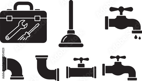 Black and white of plumbing tools and fixtures including a toolbox wrench and pipe de
