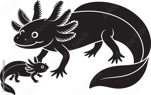 Cute Black Mexican Axolotl and Baby Silhouette Vector Illustration