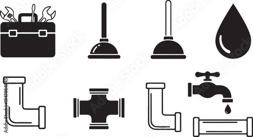 Black and white of plumbing tools and water wrench