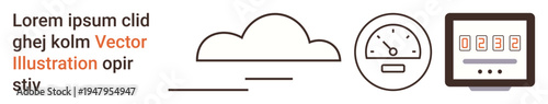 Cloud technology, data management, performance monitoring, analytics, digital tools, tech innovation. Minimalist icons a cloud, a speedometer and a digital counter. Cloud technology and data