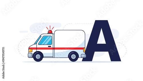 White ambulance vehicle with red stripes and siren next to a large capital letter A for alphabet and emergency service education.