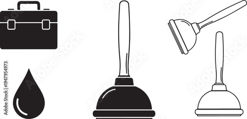 Black and white plumbing tools and water drop wrench desig