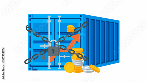 Tariffs Impacting Global Trade Symbolized by a Chained Shipping Container and Rising Financial Costs