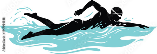 Professional swimmer silhouette performing freestyle crawl stroke in blue water waves isolated on white background for sports competition and fitness.