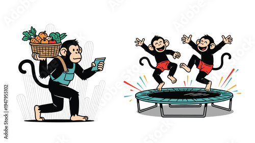 Black monkey carries basket of vegetables while checking smartphone near two little monkeys jumping on a trampoline.